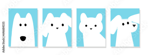 Fototapeta Naklejka Na Ścianę i Meble -  Set of minimalist white cat, rabbit, and dog head illustrations. Adorable animal faces on vibrant blue backdrop. Perfect for wall art, covers, wallpapers, banners, flyers, cards, and decor.