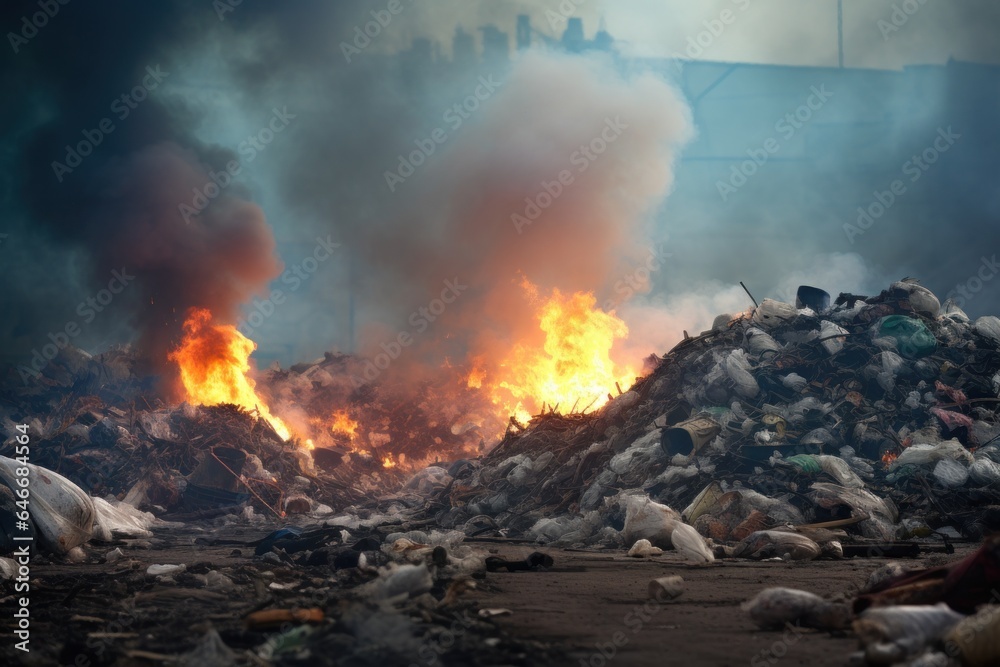 A garbage dump is on fire. - obrazy, fototapety, plakaty 