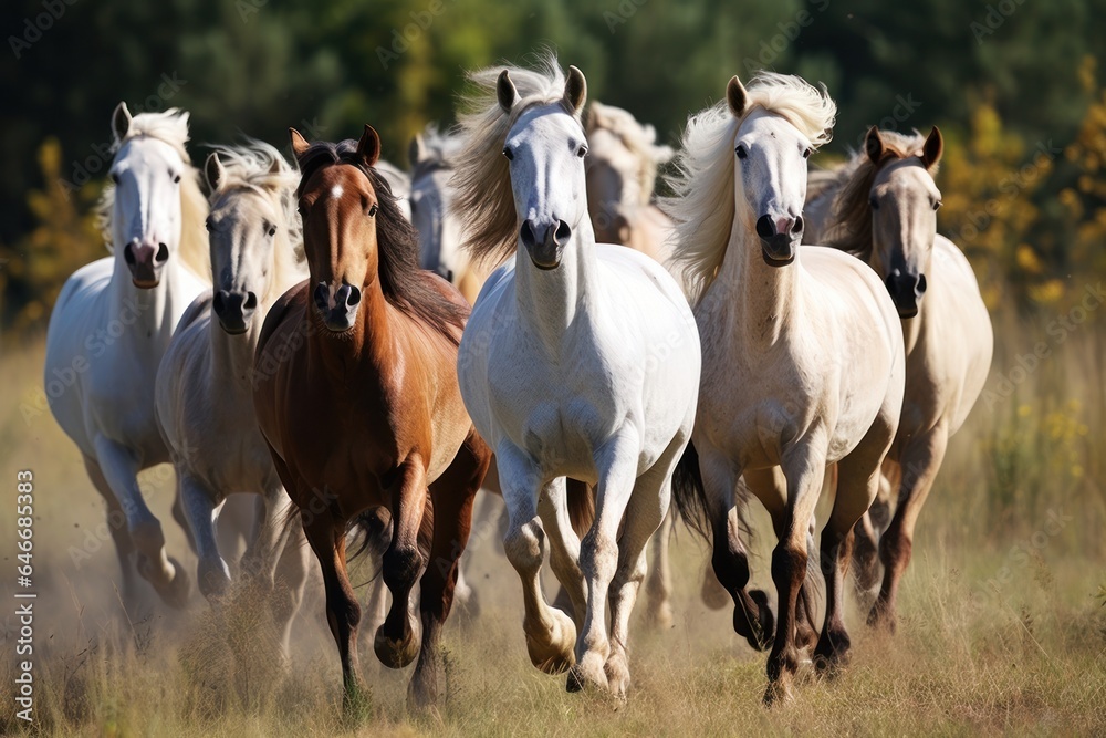 A herd of horses galloping across the meadow.