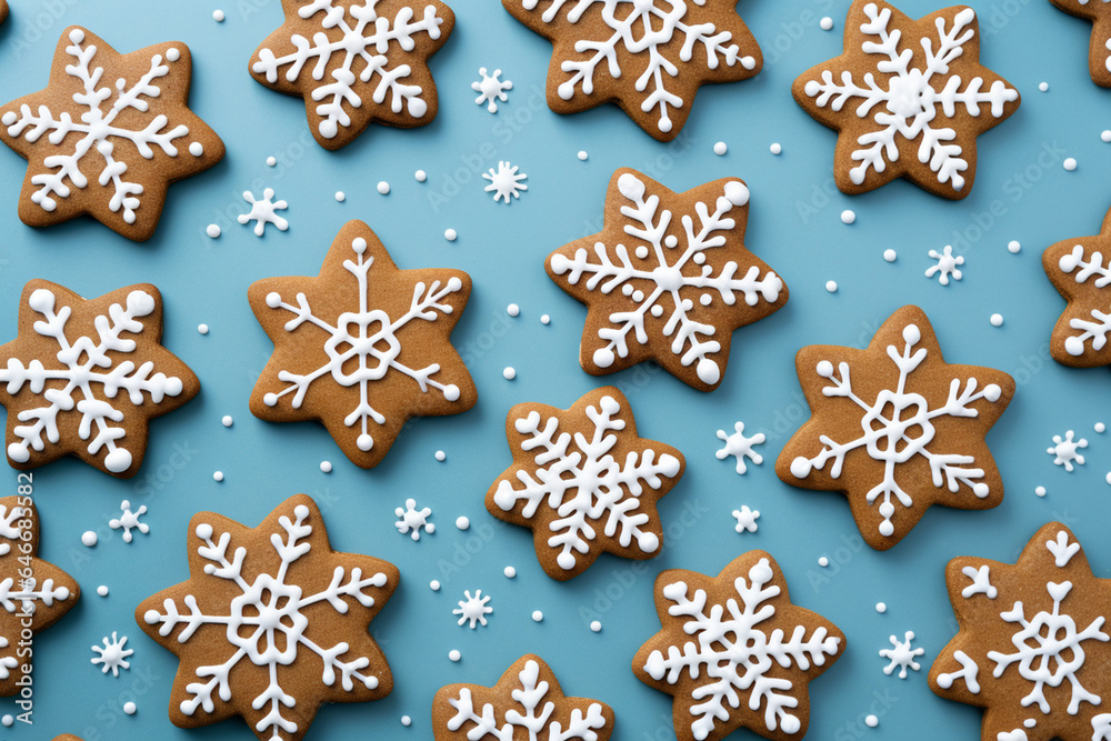 The horizontal wallpaper of many Christmas gingerbread and icing frosted snowflake shapes and gingerbread men isolated on a light blue background in the winter festival. Generative AI. The horizontal wallpaper of many Christmas gingerbread and icing frosted snowflake shapes and gingerbread men isolated on a light blue background in the winter festival. Generative AI.