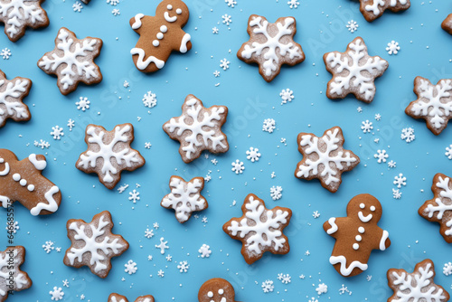 The horizontal wallpaper of many Christmas gingerbread and icing frosted snowflake shapes and gingerbread men isolated on a light blue background in the winter festival. Generative AI.