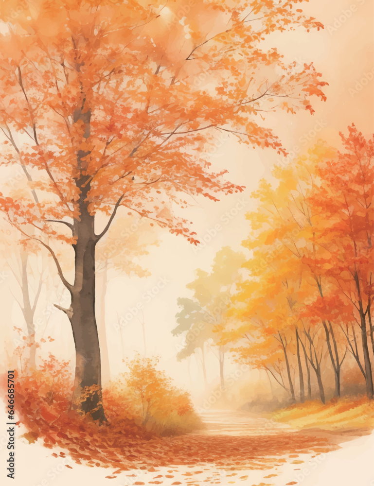水彩で描いた秋の紅葉の景色のイラスト Generative AI