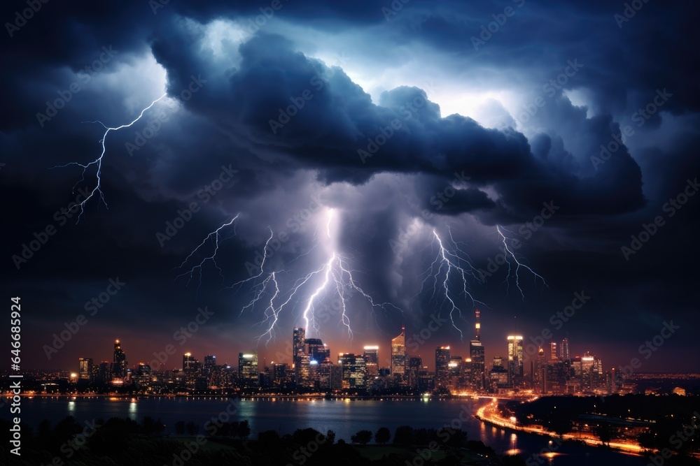 Night city with clouds and lightning. Night city with clouds and lightning.