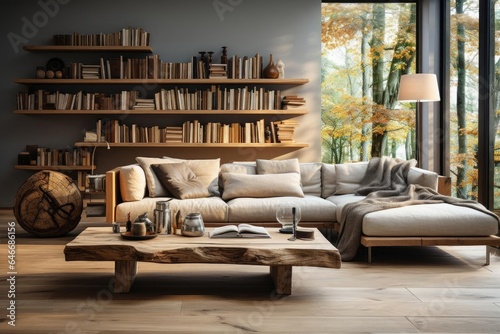 cozy library with light natural materials