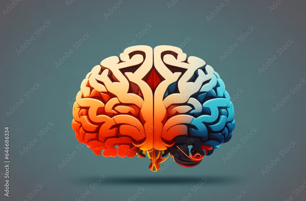 Human brain side front, isolated on white background, flat cartoon style. Generative AI.