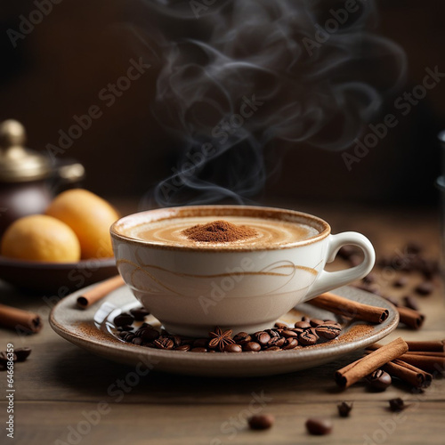 A cup of fragrant coffee around coffee grains and cinnamon sticks are scattered. Generative AI.