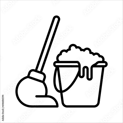 Mop and bucket, cleaning outline icons. vector illustration on white background