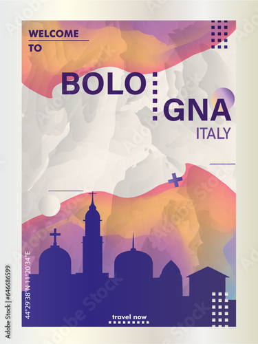 Italy Bologna city poster with abstract skyline, cityscape, landmarks and attractions. Emilia Romagna region town travel vector illustration for brochure, website, page, business presentation