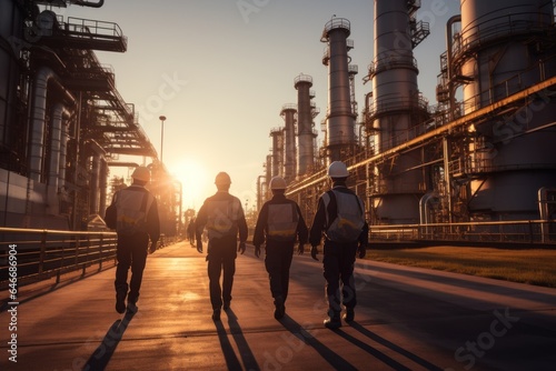 A team of engineers walks to work at an oil industrial factory refinery with morning light