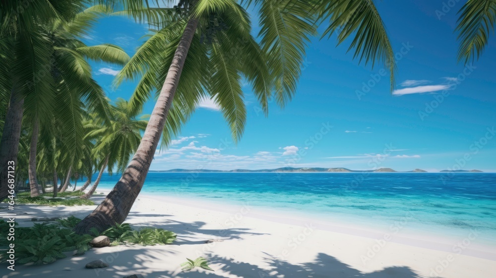 Tropical beach palm tree blue sky white clouds background.