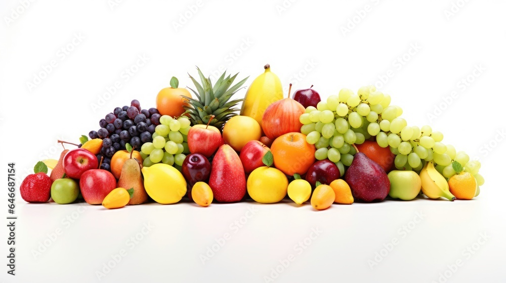 A series of colorful, ripe fruits arranged in an artful composition with a white background, perfect for health and nutrition concepts.