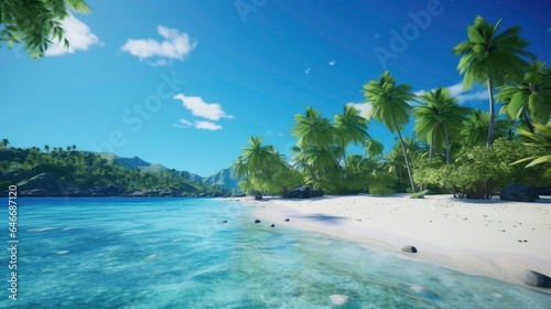 Tropical beach palm tree blue sky white clouds background. © Moon Story