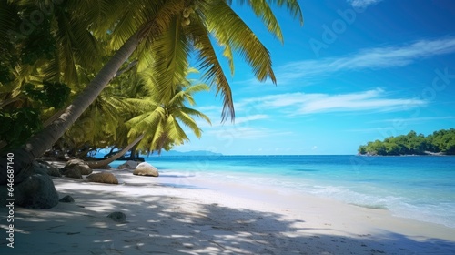 Tropical beach palm tree blue sky white clouds background.