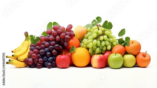 A series of colorful, ripe fruits arranged in an artful composition with a white background, perfect for health and nutrition concepts.