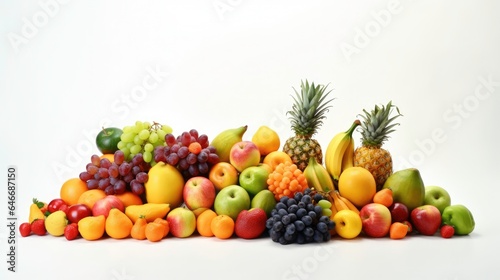 A series of colorful  ripe fruits arranged in an artful composition with a white background  perfect for health and nutrition concepts.
