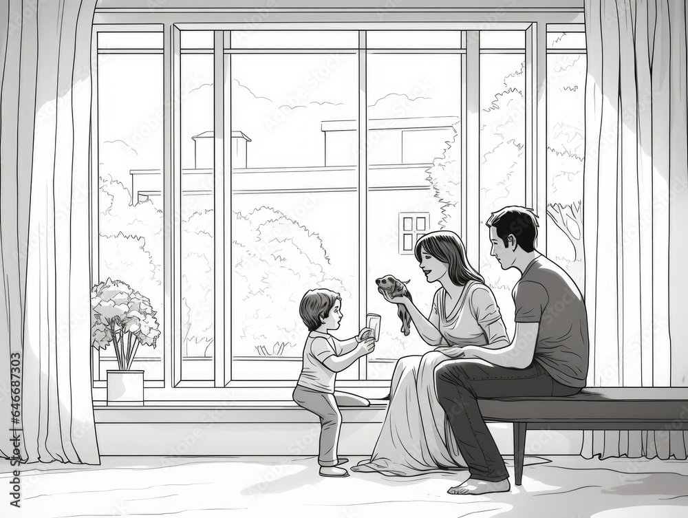 Line drawing of family, Parents taking care of their kid and play with ...