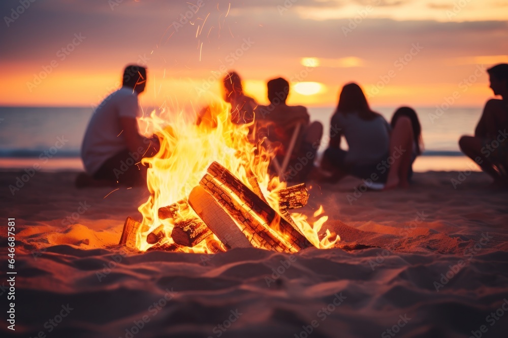 Bonfire on the beach with silhouettes of friends at sunset. Bonfire on the beach with silhouettes of friends at sunset.