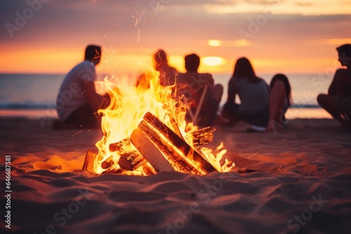 Bonfire on the beach with silhouettes of friends at sunset.