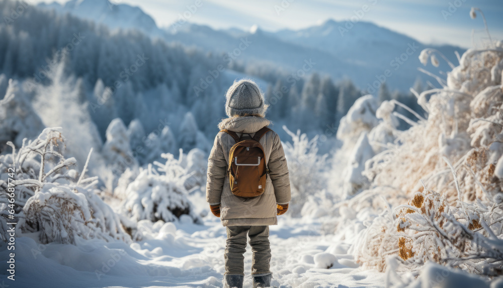 a child standing amidst a pristine snowy landscape.