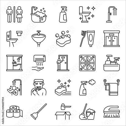 Vector bathroom icons. Editable Stroke. Shower, bath, toilet, Toilet paper, vector illustration on white background