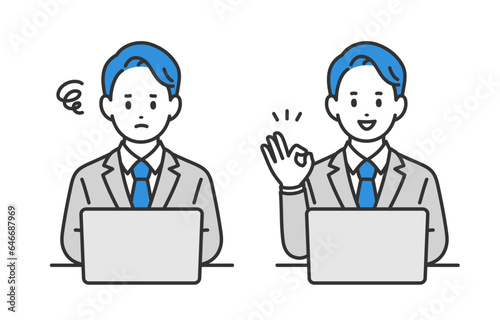 パソコンを見て悩む･OKポーズをするビジネスパーソン男性のセット【人物ベクターイラスト素材】