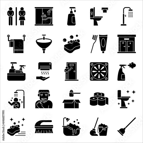 Vector bathroom icons. Editable Stroke. Shower, bath, toilet, Toilet paper, vector illustration on white background