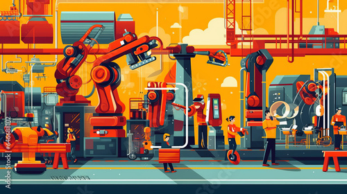 infographic of Assembly line with robotic arms control by engineer telephoto lens