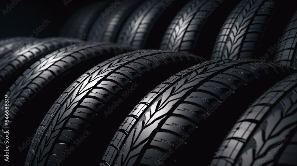 New tires pile on a dark background. Tire fitting background. stack of car tires.