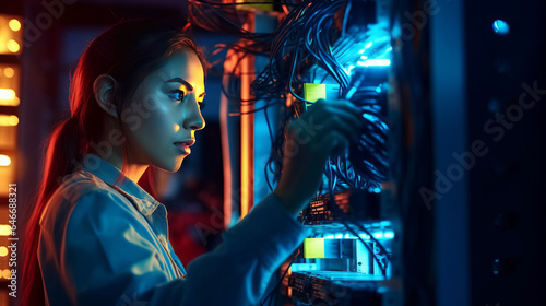 a female network engineer connecting cables in server cabinet while working.