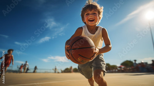 A young boy practices his basketball skills, aiming for the basket.