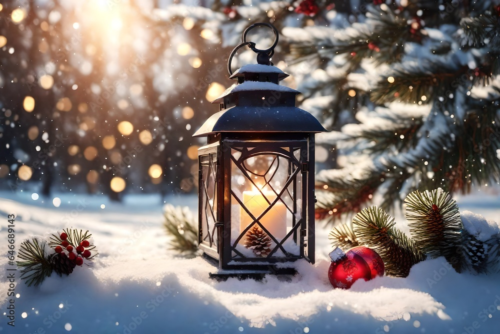 Christmas Lantern On Snow With Fir Branch in the Sunlight Christmas Lantern On Snow With Fir Branch in the Sunlight