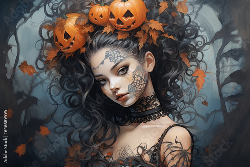 Halloween girl water color painting, gothic style