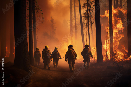 firefighters put out a fire in the forest. large-scale fire catastrophe. generative ai.
