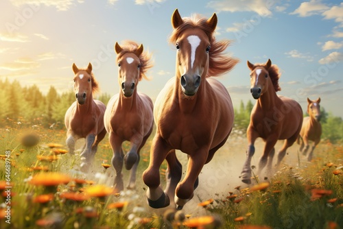 a group of horses run across the field. generative ai.