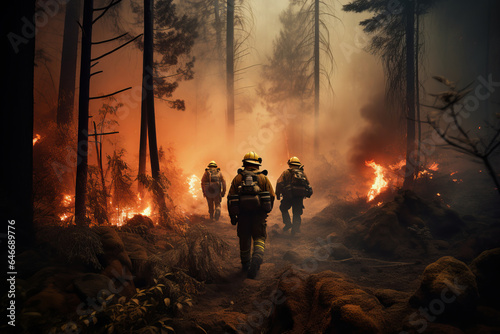 firefighters put out a fire in the forest. large-scale fire catastrophe. generative ai.