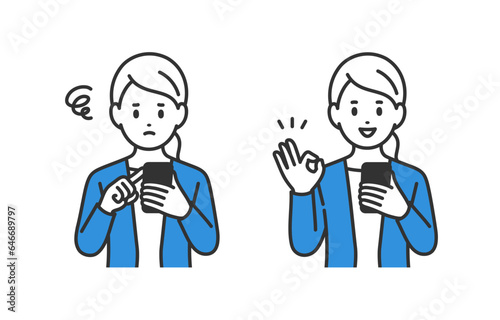 スマホを見て悩む･OKポーズをするビジネスパーソン女性のセット【人物ベクターイラスト素材】