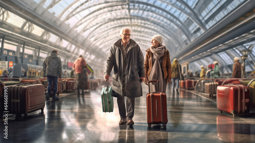 Image of elderly couple walking with suitcases going to the boarding gate happy at the airport. © JKLoma