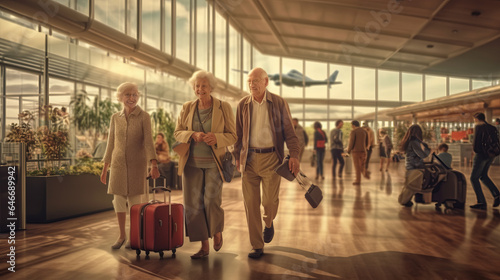 Image of elderly couple walking with suitcases going to the boarding gate happy at the airport.