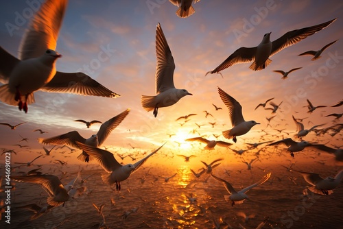 seagulls over the sea at sunrise. wild animals. generative ai.