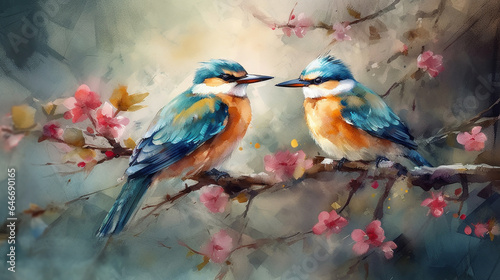 watercolor painting of birds sitting on a branch of blooming sakura generative ai © Graphicsstudio 5