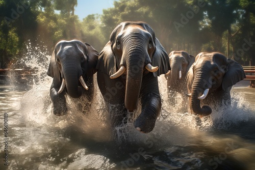 a herd of elephants runs across the river. wild animals. generative ai.