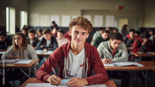 portrait a man in a university high school with blurred group of students studying in the classroom.generative ai