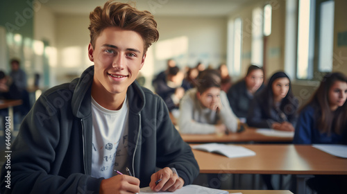 portrait a man in a university high school with blurred group of students studying in the classroom.generative ai