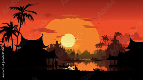 Scene silhouette of famous place in Thailand vector  generative ai