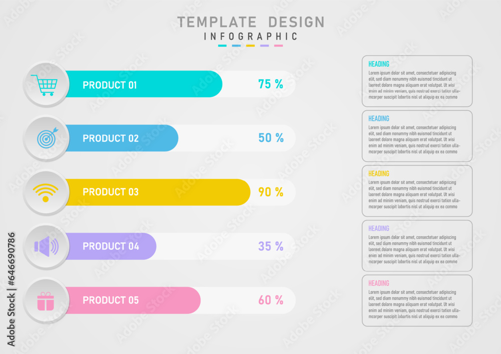 Infographic template White horizontal bar graph at bottom right There are percentage numbers on the top graph in many colors and letters. Left gray button There is a multi-colored icon in the middle. Infographic template White horizontal bar graph at bottom right There are percentage numbers on the top graph in many colors and letters. Left gray button There is a multi-colored icon in the middle.