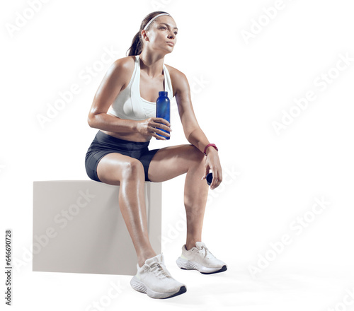 Sports transparent background. Fit woman relaxes and drinking water on seaside promenade after Workout training. 