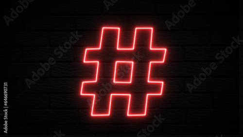 Hashtag: glowing red neon icon, Shiny symbol. Glowing effect signboard. Hashtag: Glowing red neon light on a brick wall. Neon hashtag panoramic. Social media communication concept. Vector stock
