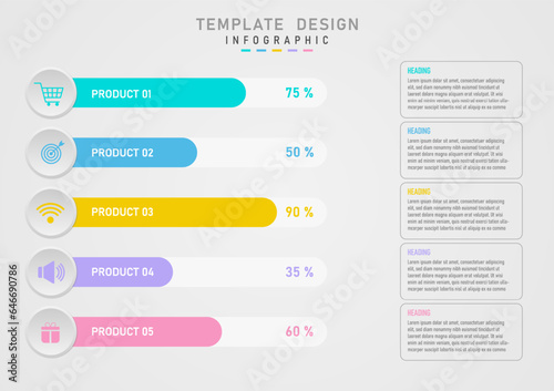 Infographic template White horizontal bar graph at bottom right There are percentage numbers on the top graph in many colors and letters. Left gray button There is a multi-colored icon in the middle.
