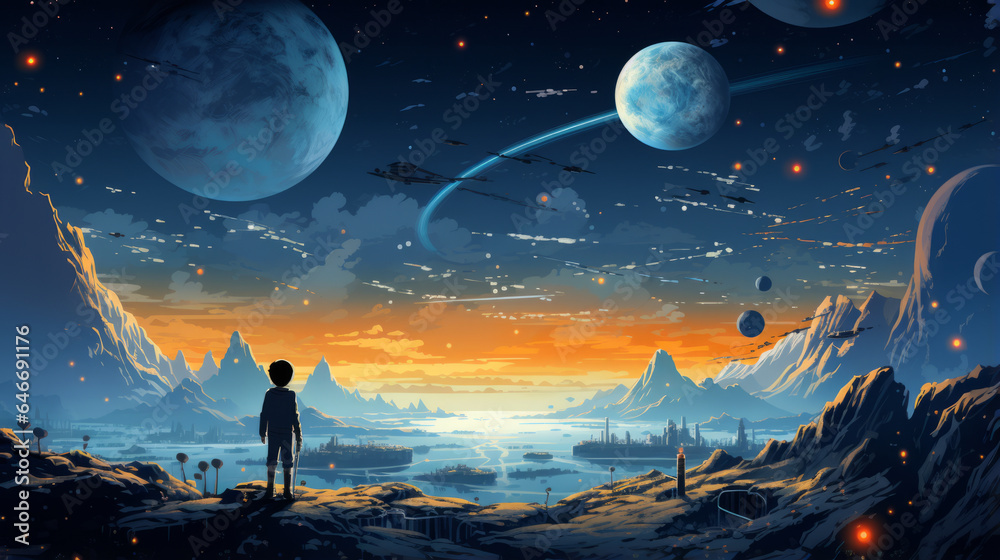 Fototapeta premium vector art of Children's illustration space, space landscape. wide angle lens realistic lighting ,generative ai