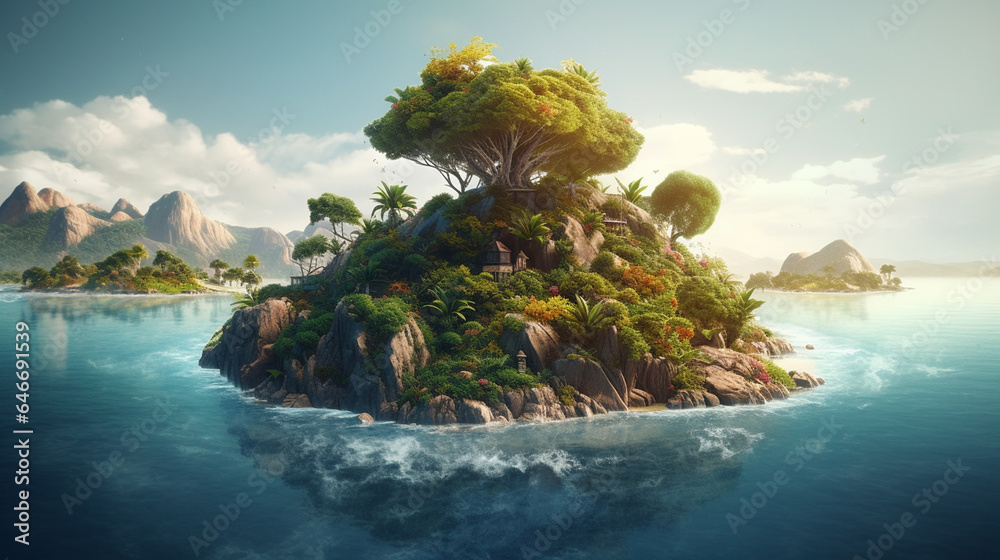 Fantasy island in the sea. 3d render illustration. generative ai - obrazy, fototapety, plakaty 
